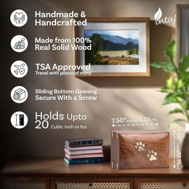 Handcarved Wooden Pet Cremation Urn – Two Paws Inlaid Design – Suitable for Dogs & Cats – Memorial Keepsake Urn – 7.5x5.5x3.75 Size