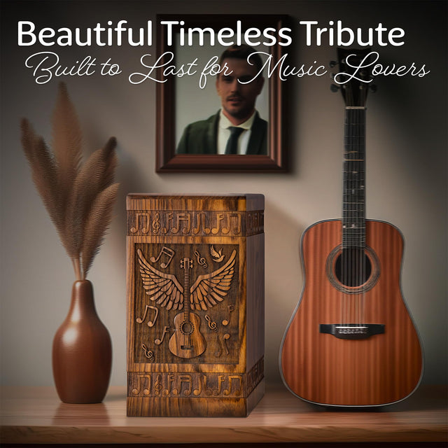 Handcrafted Wooden Cremation Urn – Guitar Wings of Angel – Suitable for Men, Women, Mom & Dad – 250lbs