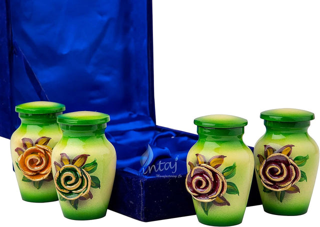 Handcrafted Floral Cremation Urn – Olive Green Rose Design – Suitable for Adult Men & Women – Keepsake Set of 4