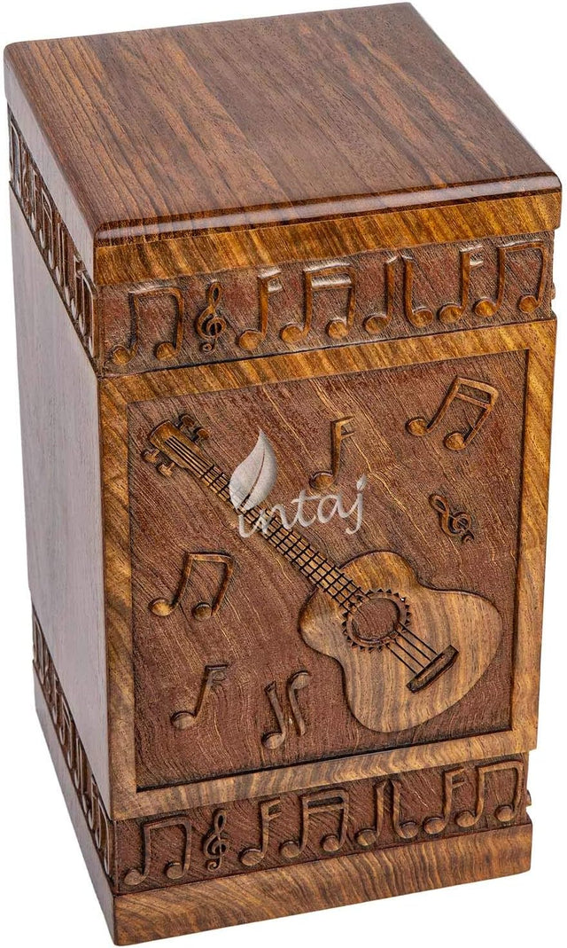 Handcarved Wooden Cremation Urn – Guitar Design Memorial Urn – Suitable for Adult Men & Women, Children & Pets – 250lbs Capacity