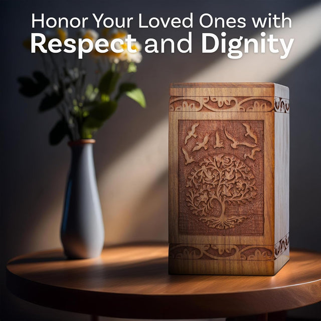 Handcarved Wooden Cremation Urn – Tree of Life Design – Suitable for Men & Women, Mom & Dad – 115lbs Capacity
