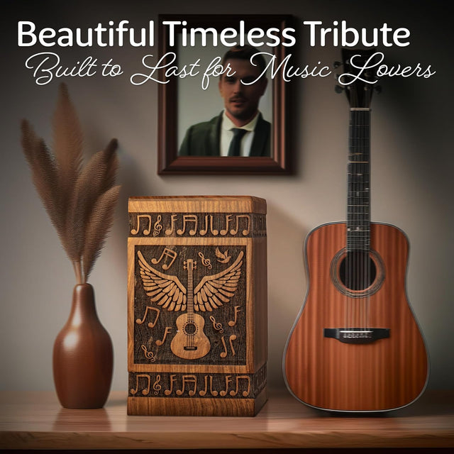 Handcarved Wooden Cremation Urn – Angelic Guitar Wings Design in Rosewood – Suitable for Adult Men & Women, Mom & Dad – 640lbs Capacity