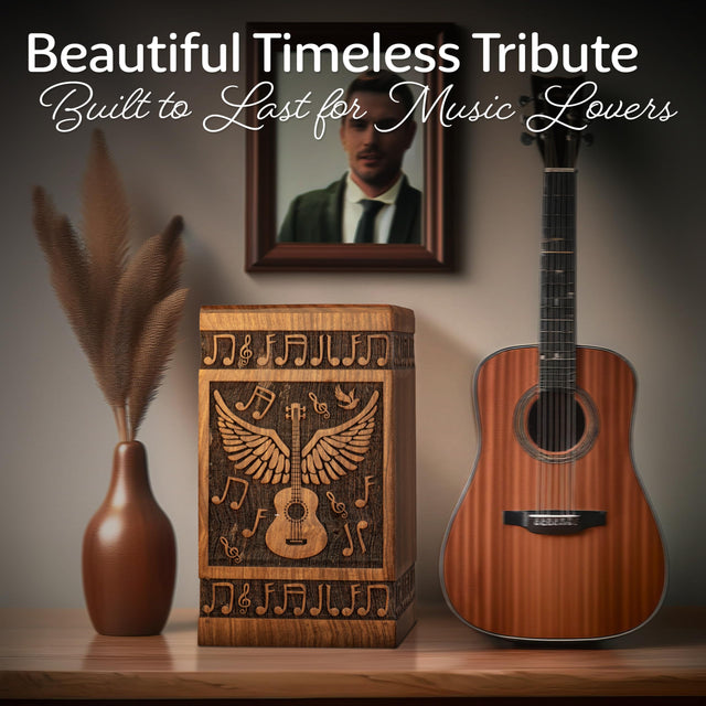 Handcrafted Wooden Cremation Urn – Guitar Wings of Angel – Suitable for Men, Women, Mom & Dad – 250lbs