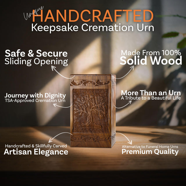 Handcarved Wooden Cremation Urn – Tree of Life – Suitable for Adults – 640lbs Capacity
