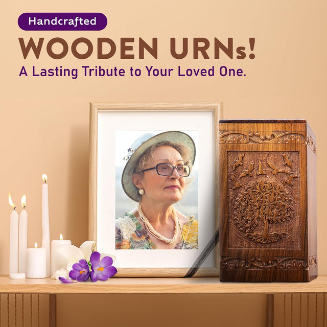 Handcarved Wooden Cremation Urn – Tree of Life Design – Suitable for Men & Women, Mom & Dad – 115lbs Capacity