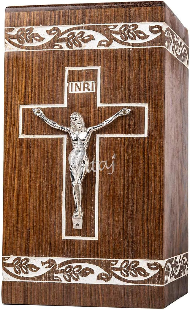 Handcarved Wooden Cremation Urn – Grace and Mercy Cross Design – Suitable for Adult Men & Women, Mom & Dad – 250 Cu/in Capacity