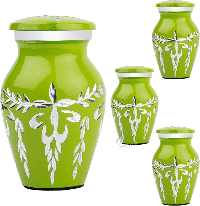 Handcrafted Cremation Urn Set – Diamond Cut Lime Green Design – Suitable for Adult Men & Women, Mom & Dad – Keepsake Size (Set of 4)