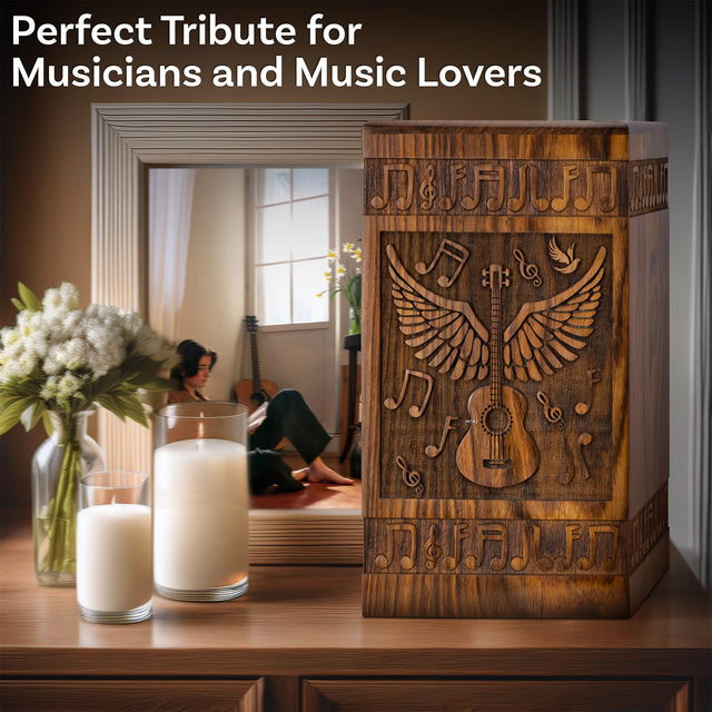 Handcrafted Wooden Cremation Urn – Guitar Wings of Angel – Suitable for Men, Women, Mom & Dad – 250lbs