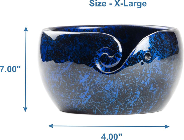 Handmade Large Wooden Yarn Bowl for Knitting Crochet Perfect Yarn Holder Rosewood Bowl for Mothers Day Christmas Gift (X-Large - 7x4, Blue Patch)