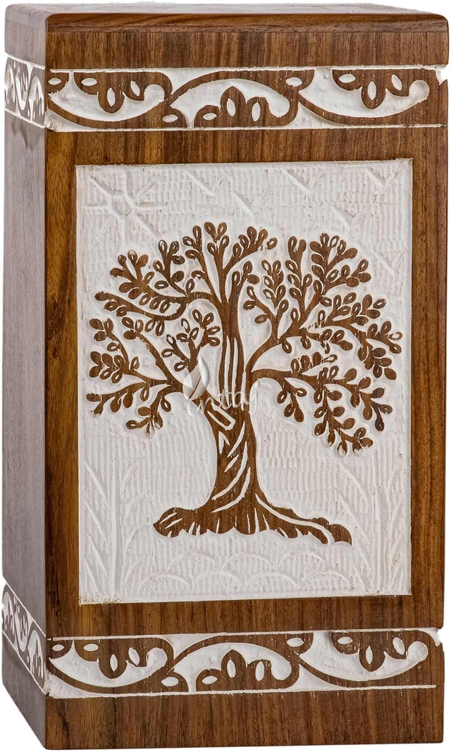 Handcarved Wooden Cremation Urn – Tree of Life Design in Antique Rosewood – Suitable for Adult Men & Women, Mom & Dad – 640 Cu/in Capacity