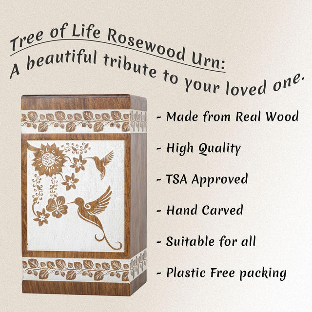 Handcarved Wooden Cremation Urn – Hummingbird Design in Rosewood – Suitable for Adult Men & Women, Mom & Dad, Pets – 115lbs Capacity