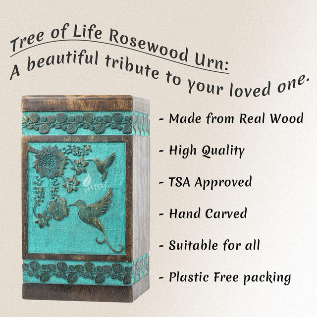 Handcarved Wooden Cremation Urn – Hummingbird Design in Rosewood – Suitable for Adult Men & Women, Mom & Dad, Pets – 180lbs Capacity