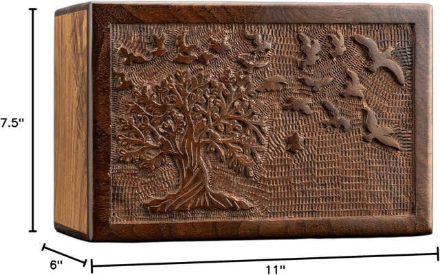 Handcarved Wooden Cremation Urn – Tree of Life Design – Suitable for Adult Men & Women, Mom & Dad, Children & Pets – 200 Cu/in Capacity