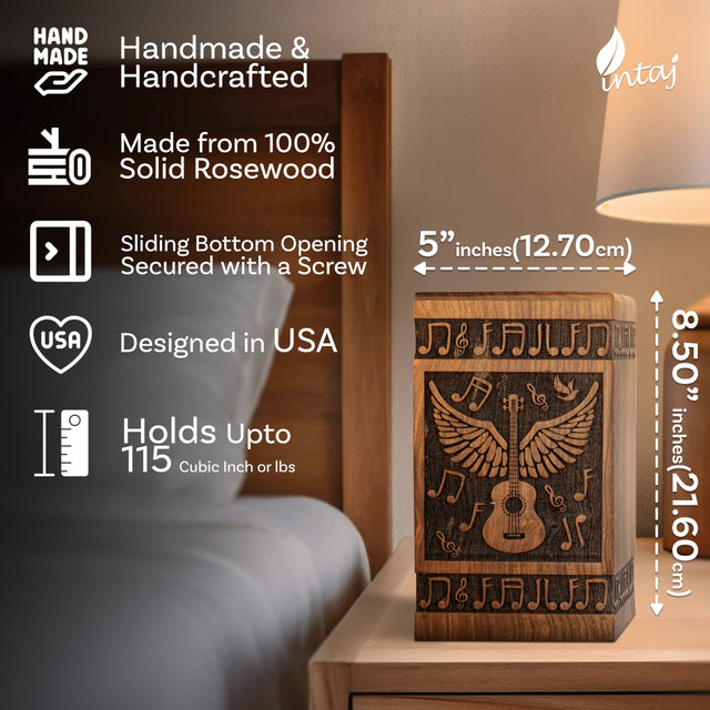 Handcrafted Wooden Cremation Urn – Guitar Wings of Angel – Suitable for Men, Women, Mom & Dad – 250lbs