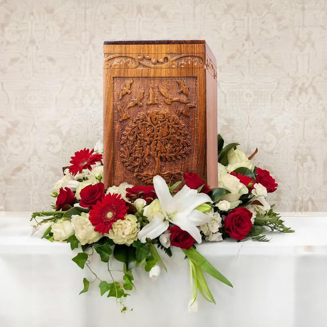 Handcarved Wooden Cremation Urn – Tree of Life Design – Suitable for Men & Women, Mom & Dad – 115lbs Capacity
