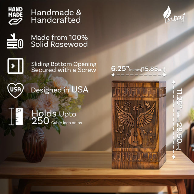 Handcrafted Wooden Cremation Urn – Guitar Wings of Angel – Suitable for Men, Women, Mom & Dad – 250lbs