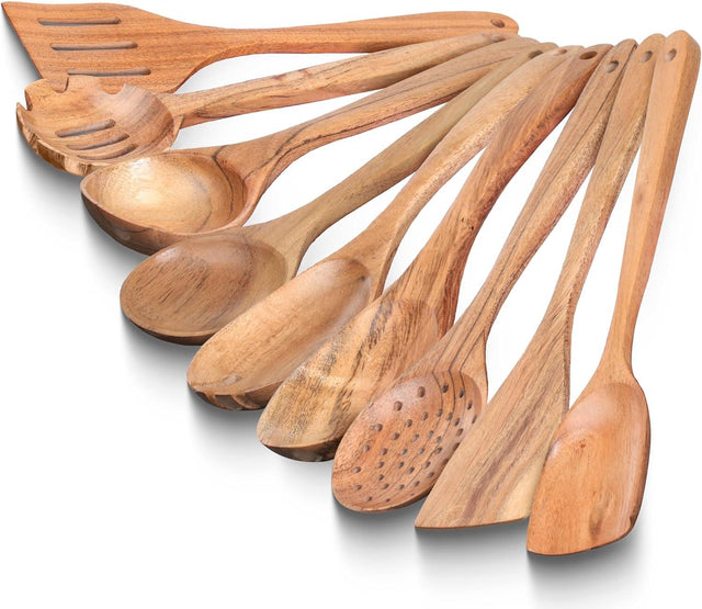 Handcrafted Teak Wooden Cooking Spoons – Ergonomic Stirring, Mixing, Scraping & Serving – Durable & Nonstick Safe – Ideal for Nonstick, Cast Iron & Ceramic Cookware – 9 Piece Set