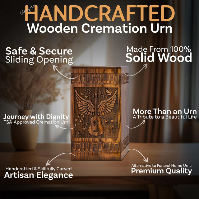 Handcrafted Wooden Cremation Urn – Guitar Wings of Angel – Suitable for Men, Women, Mom & Dad – 250lbs