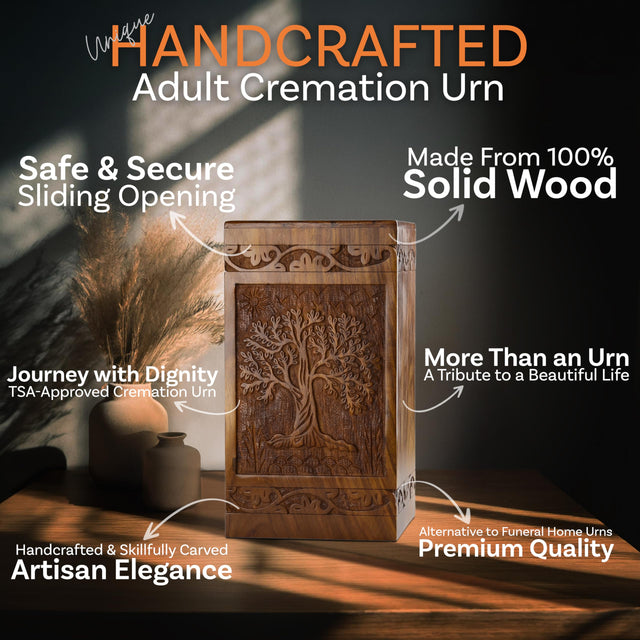 Handcarved Wooden Cremation Urn – Tree of Life – Suitable for Adults – 640lbs Capacity