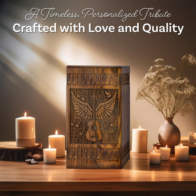 Handcrafted Wooden Cremation Urn – Guitar Wings of Angel – Suitable for Men, Women, Mom & Dad – 250lbs