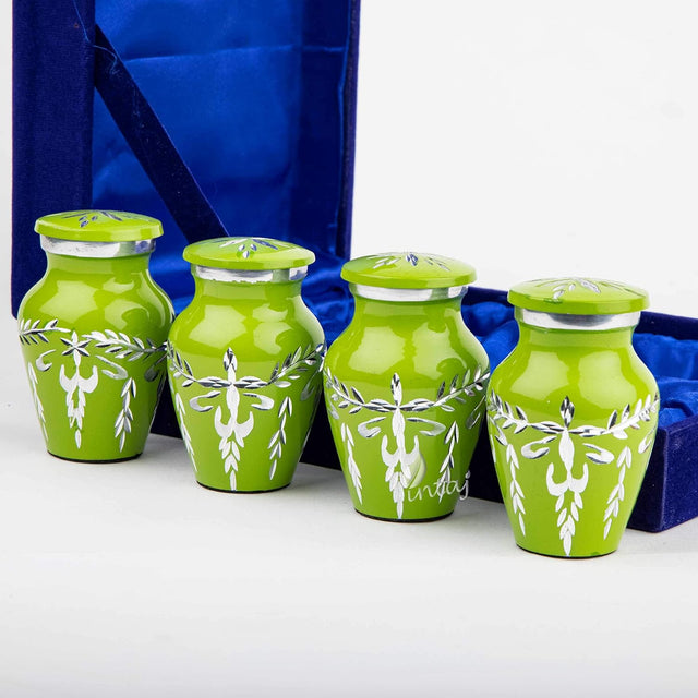 Handcrafted Cremation Urn Set – Diamond Cut Lime Green Design – Suitable for Adult Men & Women, Mom & Dad – Keepsake Size (Set of 4)