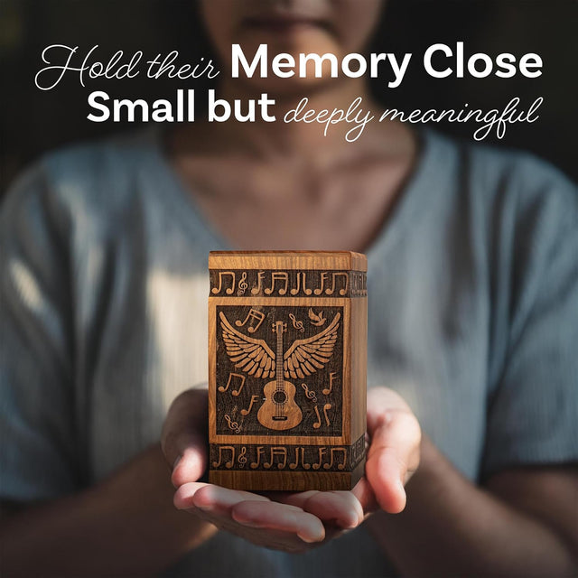 Handcarved Wooden Cremation Urn – Guitar Angel Wings Design in Rosewood – Suitable for Adult Men & Women, Mom & Dad – 20lbs Capacity