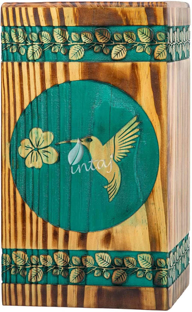 INTAJ Handmade Wooden Cremation Urn for Human Ashes - Humming Bird - Wooden Burial Urns Hand-Crafted - Funeral Cremation Urn for Ashes (Teal Pine, Large - 11.25Hx6.25W (250 Cu/in))