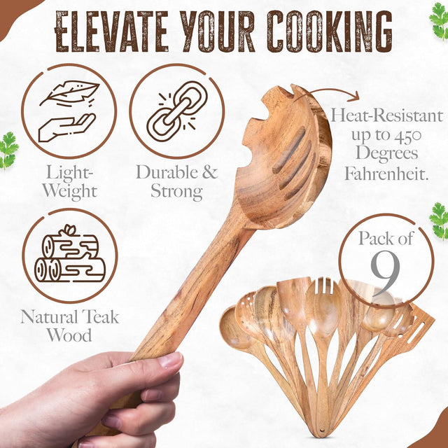 Handcrafted Teak Wooden Cooking Spoons – Ergonomic Stirring, Mixing, Scraping & Serving – Durable & Nonstick Safe – Ideal for Nonstick, Cast Iron & Ceramic Cookware – 9 Piece Set
