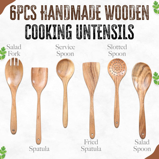 Handcrafted Teak Wooden Cooking Spoons – Ergonomic Stirring, Mixing, Scraping & Serving – Durable & Nonstick Safe – Ideal for Nonstick, Cast Iron & Ceramic Cookware – 6 Piece Set