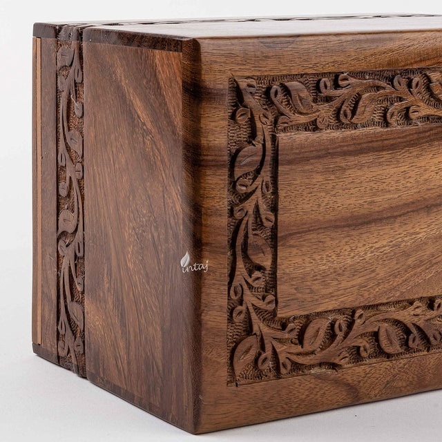 Handcarved Wooden Cremation Urn – Custom Border Carved Design – Suitable for Adult Men & Women, Mom & Dad – 185 Cu/in Capacity