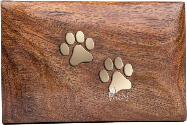 Handcarved Wooden Pet Cremation Urn – Custom Engraved Rosewood with Two Paws Inlaid Design – Suitable for Pets – 121lbs Capacity