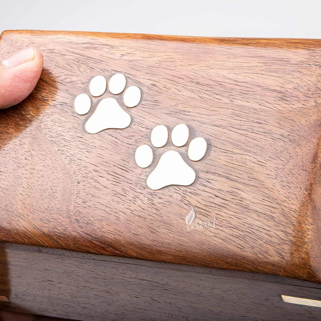 Handcarved Wooden Pet Cremation Urn – Two Paws Design – Suitable for Dogs & Cats – 6x4x2.75 Size
