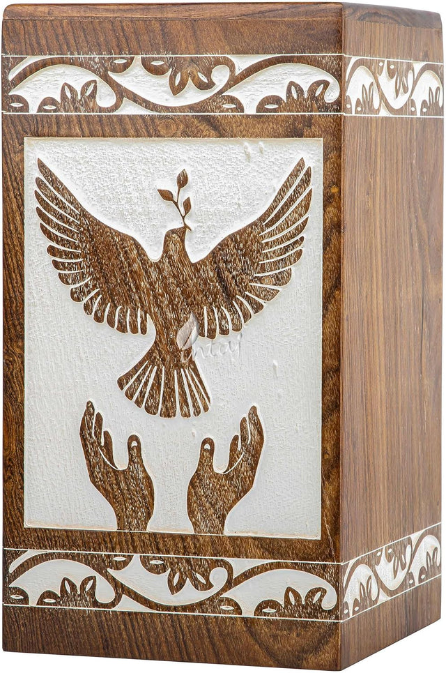 Handcarved Wooden Cremation Urn – Peaceful Bird Design in Daisy White – Suitable for Adult Men & Women, Mom & Dad, and Pet Dogs – Customizable Personalization – 20lbs Capacity