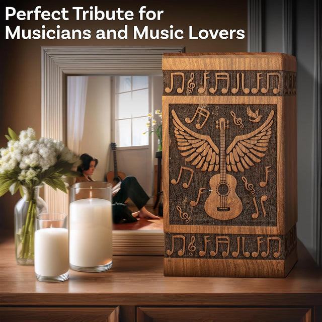 Handcarved Wooden Cremation Urn – Angelic Guitar Wings Design in Rosewood – Suitable for Adult Men & Women, Mom & Dad – 640lbs Capacity