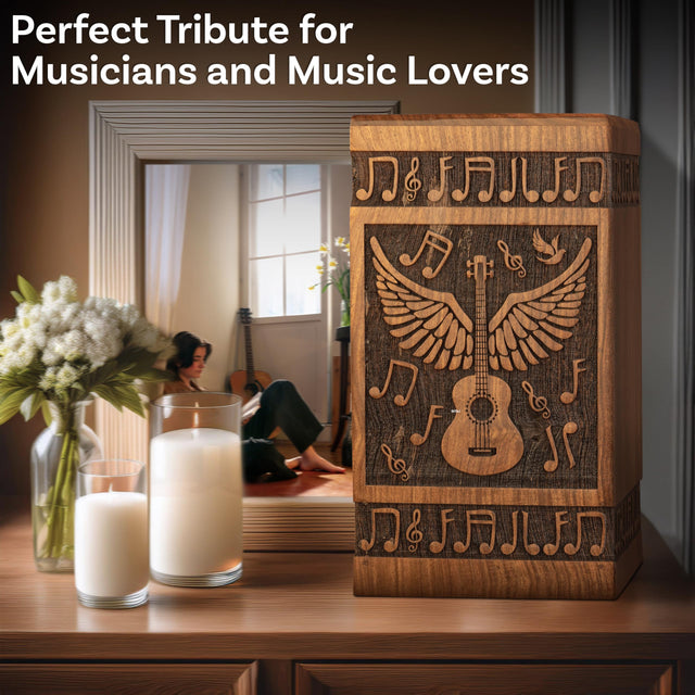 Handcrafted Wooden Cremation Urn – Guitar Wings of Angel – Suitable for Men, Women, Mom & Dad – 250lbs