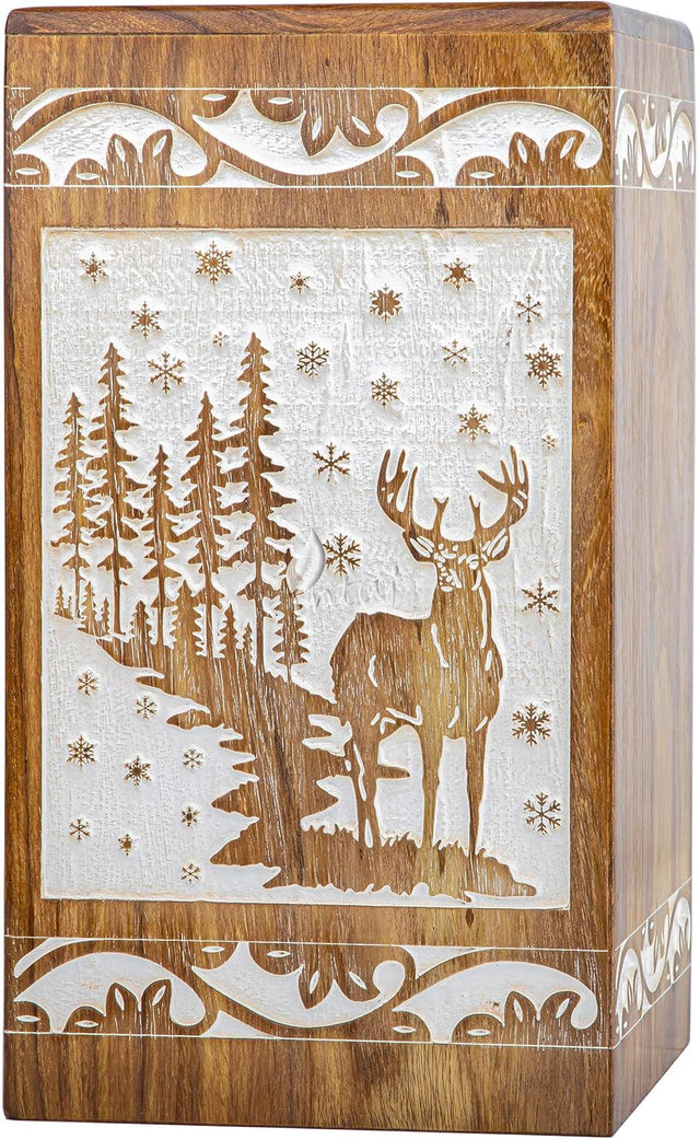 Handcarved Wooden Cremation Urn – Deer Carved Design in Custom White Rosewood – Suitable for Adult Men & Women, Mom & Dad, and Pet Dogs – 20 Cu/in Capacity