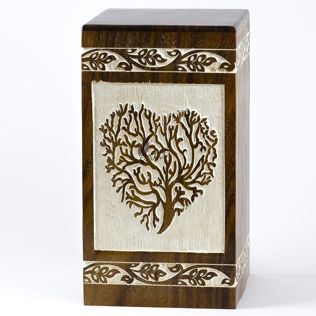 Handcarved Wooden Cremation Urn β Tree of Life Design with White Rosewood Heart β Suitable for Adult Men & Women, Mom & Dad, Pets β 115 Cu/in Capacity