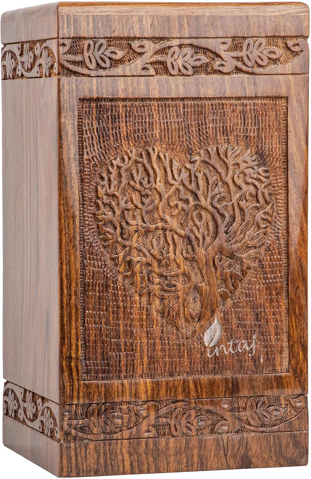 Handcarved Wooden Cremation Urn – Heart Tree of Life Design – Suitable for Adult Men & Women, Mom & Dad – 100 Cu/in Capacity