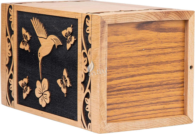 Handcarved Wooden Cremation Urn – Hummingbird Design in Beechwood – Suitable for Adult Men & Women – 180 Cu/in Capacity