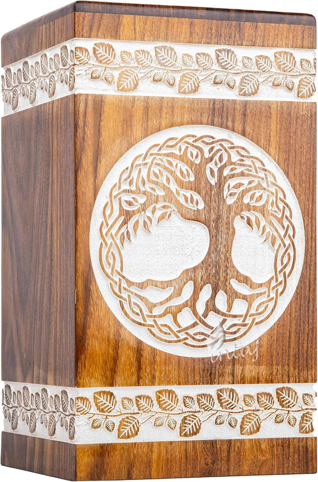 Handcarved Wooden Keepsake Urn – Tree of Life Design – Suitable for Pet Dogs – 6.5 Cu/in Capacity