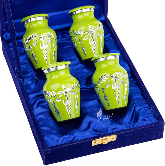 Handcrafted Cremation Urn Set – Diamond Cut Lime Green Design – Suitable for Adult Men & Women, Mom & Dad – Keepsake Size (Set of 4)