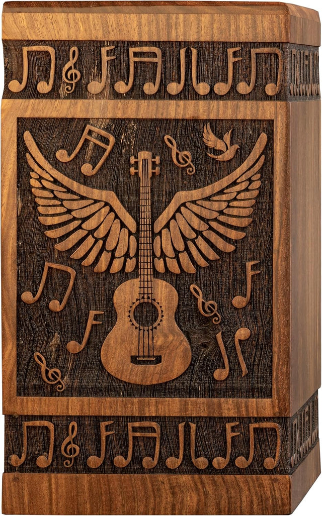 Handcarved Wooden Cremation Urn – Guitar Angel Wings Design in Rosewood – Suitable for Adult Men & Women, Mom & Dad – 20lbs Capacity