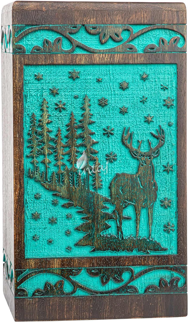 Handcarved Wooden Cremation Urn – Deer Carved Design in Custom Teal Green – Suitable for Adult Men & Women, Mom & Dad, and Pet Dogs – 250 Cu/in Capacity