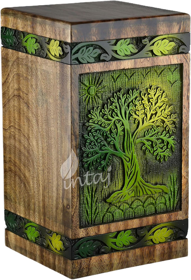 Handcarved Wooden Cremation Urn – Tree of Life Design – Suitable for Adult Men & Women, Mom & Dad – 100 Cu/in Capacity