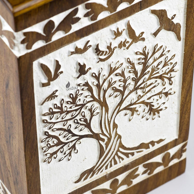 Handcarved Wooden Cremation Urn – Soulful Tree of Life Design – Suitable for Keepsake Ashes or Small Memorial – 100 Cu/in Capacity – Antique Finish (Keepsake, Tree 73 Design)