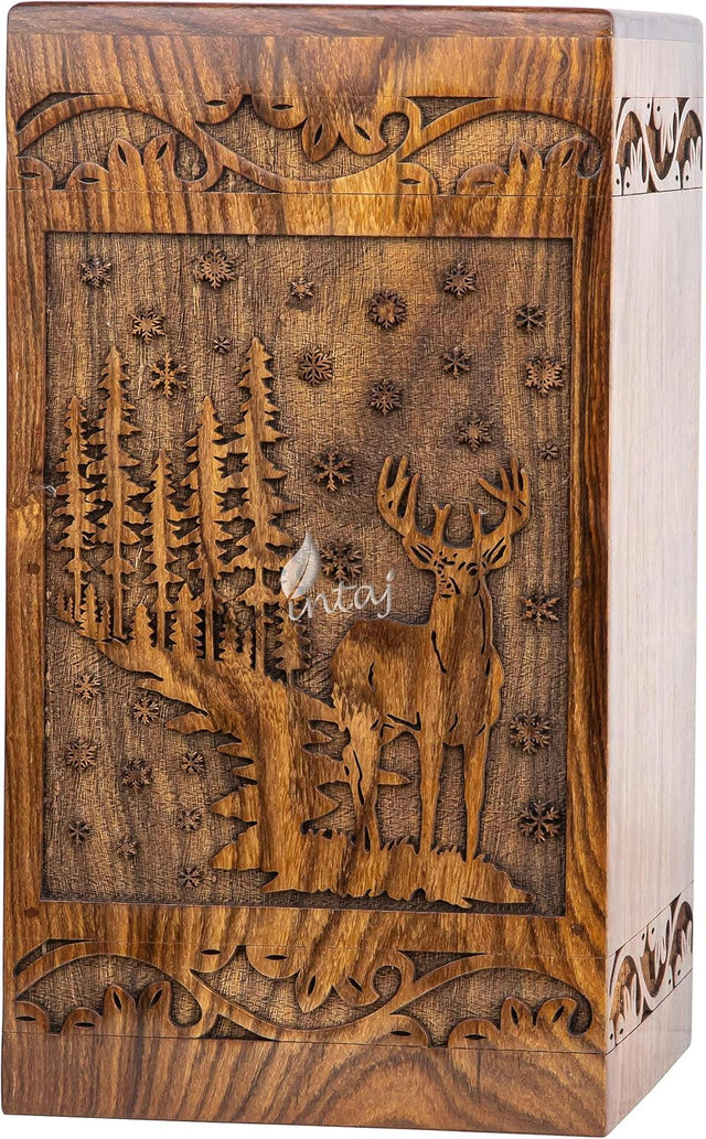 Handcarved Wooden Cremation Urn – Deer Carved Design in Custom Rosewood – Suitable for Adult Men & Women, Mom & Dad, and Pet Dogs – 20 Cu/in Capacity