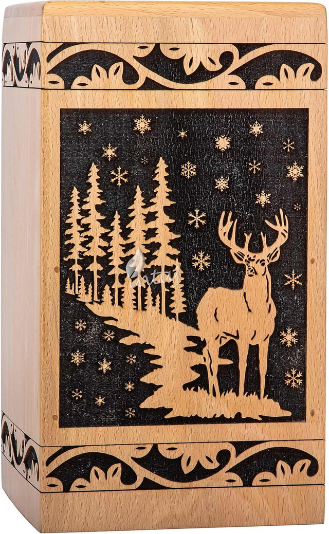 Handcarved Wooden Cremation Urn – Deer Carved Design in Custom Beechwood – Suitable for Adult Men & Women, Mom & Dad, and Pet Dogs – 250 Cu/in Capacity