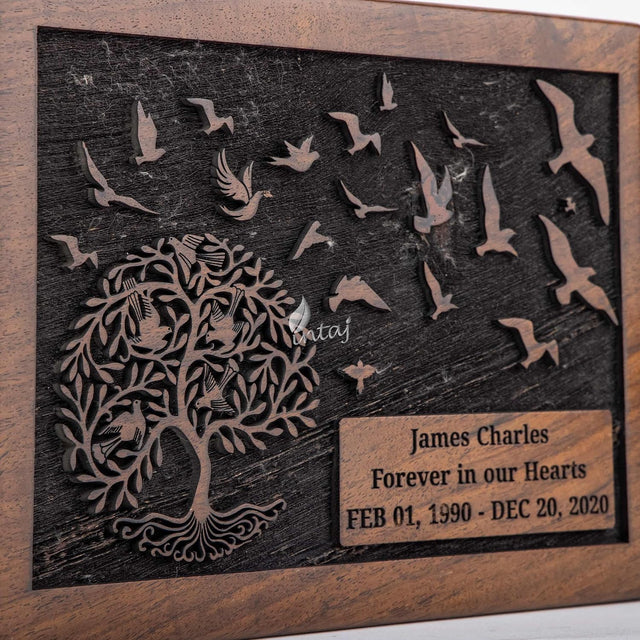 Handcarved Wooden Cremation Urn – Customised Tree of Life Birds Design – Suitable for Adult Men & Women, Mom & Dad – 110 Cu/in Capacity