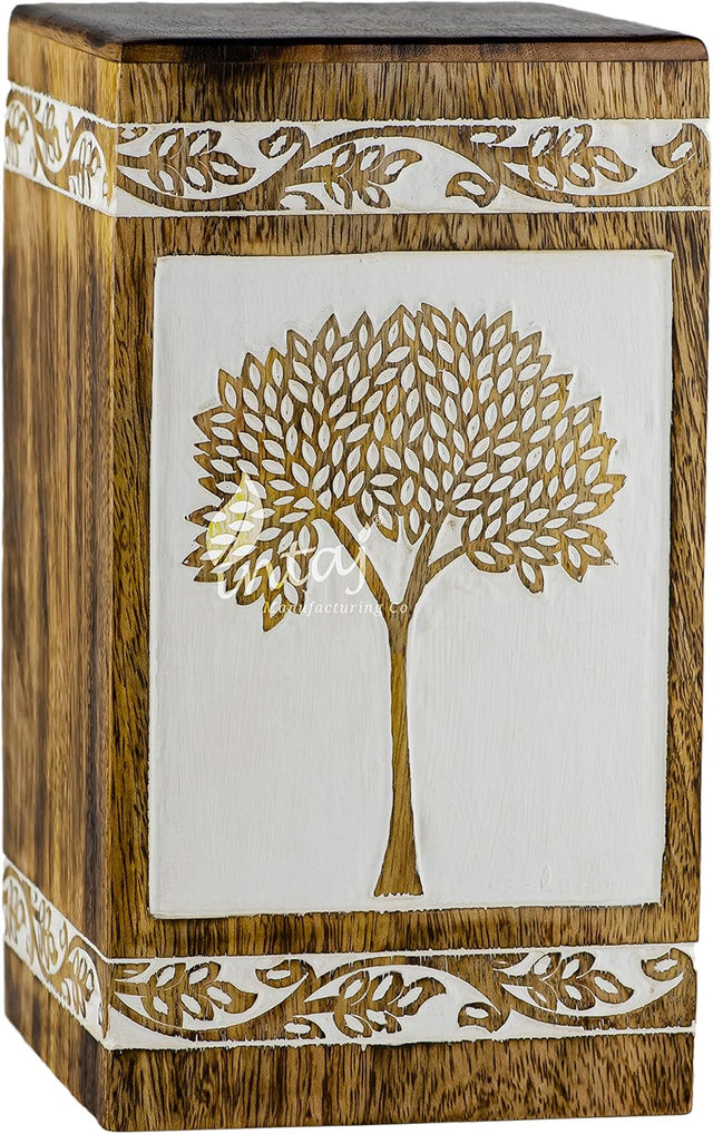Handcarved Wooden Cremation Urn – Pyramidal Tree of Life Design – Suitable for Adult Men & Women, Mom & Dad, Pets – 115 Cu/in Capacity