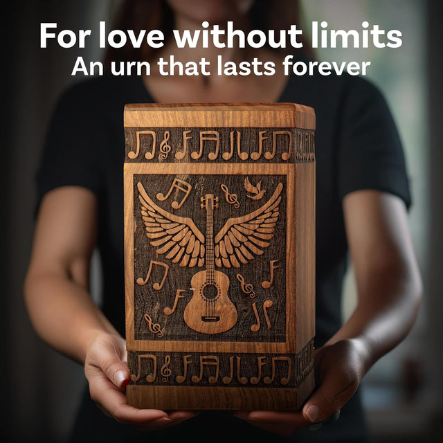 Handcarved Wooden Cremation Urn – Angelic Guitar Wings Design in Rosewood – Suitable for Adult Men & Women, Mom & Dad – 640lbs Capacity